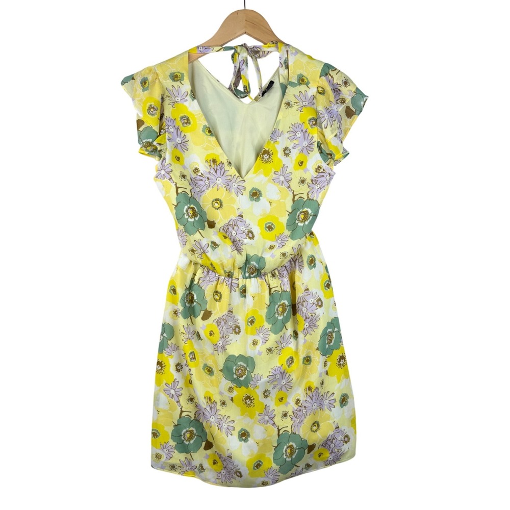 Ann Taylor Floral Print V-neck Mini Dress size Small Petite Yellow‎